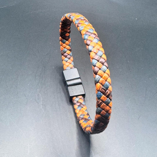 Handcrafted Braided Leather Bracelet - Orange, Blue and Maroon