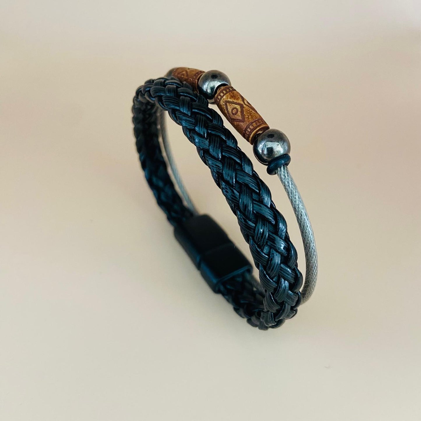 Double Strand Braided Leather - Black & Cable Wood Beads with Matte Black Magnetic Lock