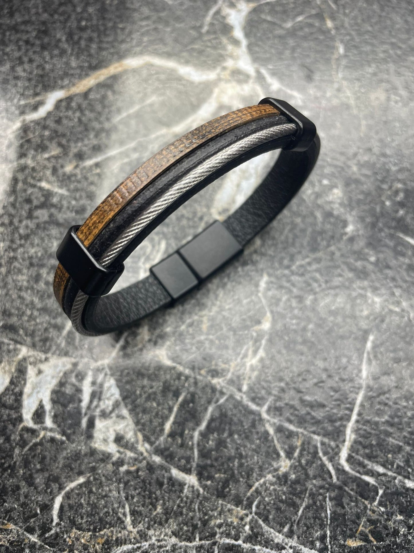 Multi-Layered Leather Bracelet - Wood Brown on Black Leather and Steel Cable with Matte Black Magnetic Lock