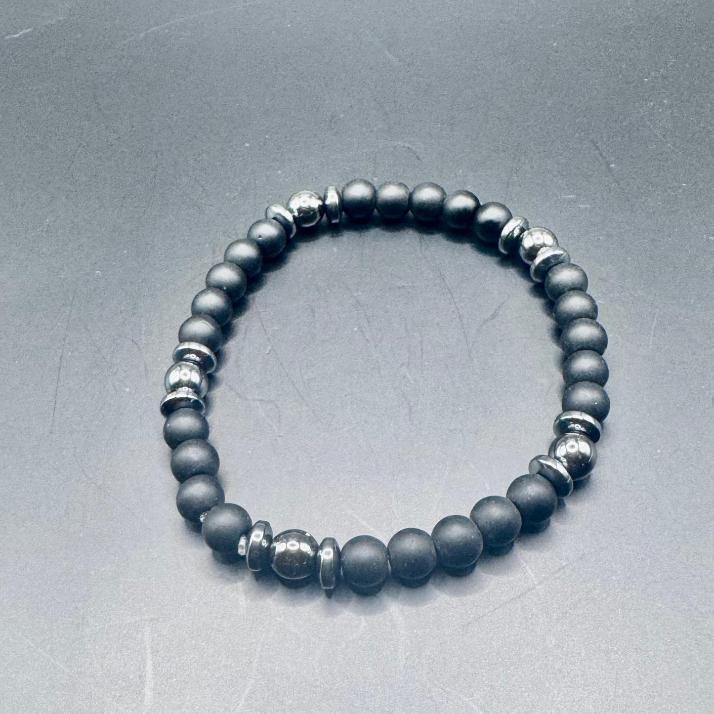 Natural Stone Beaded Bracelet - Onyx Black Hematite Stone with Chrome Beads