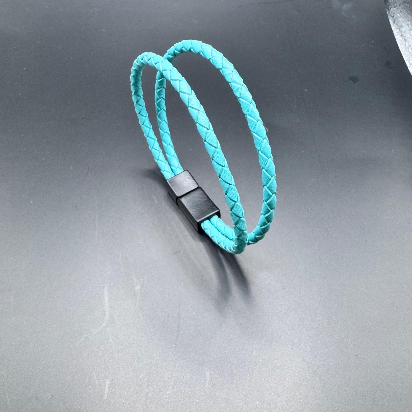 Double Strand Braided Leather Bracelet - Turquoise with Matte Black Magnetic Lock