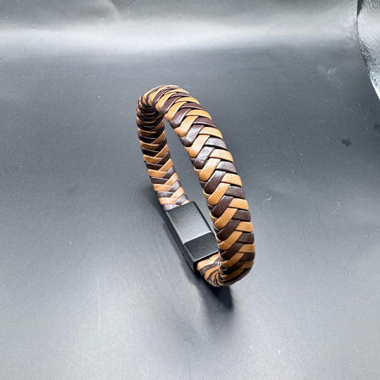 Handcrafted Braided Leather Bracelet - 2 Tone Brown with Matte Black Magnetic Lock