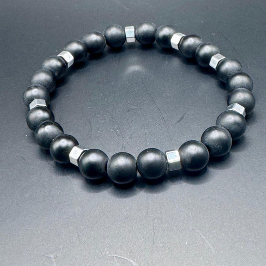 Natural Stone Beaded Bracelet - Onyx Black with Chrome